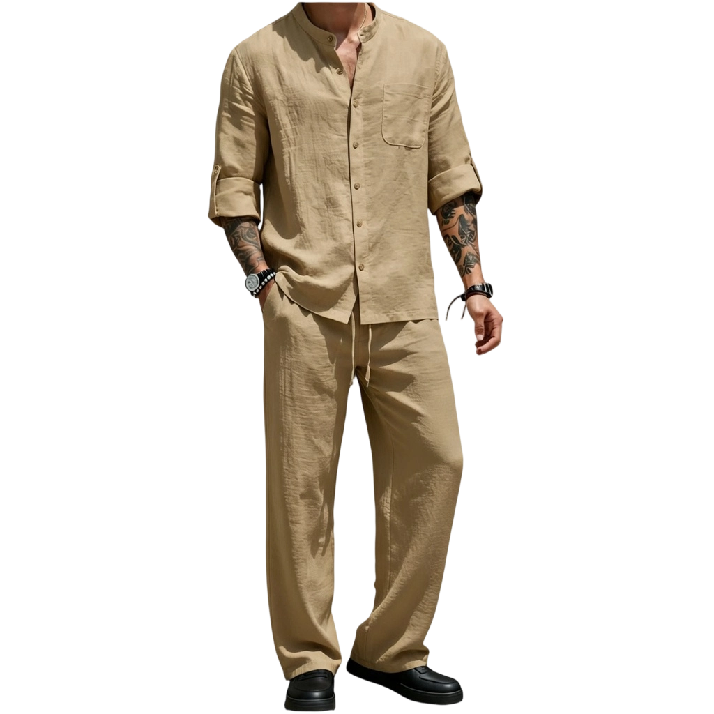 Men's Linen Stand Collar Long Sleeve Button Shirt & Straight Leg Belted Pants Set