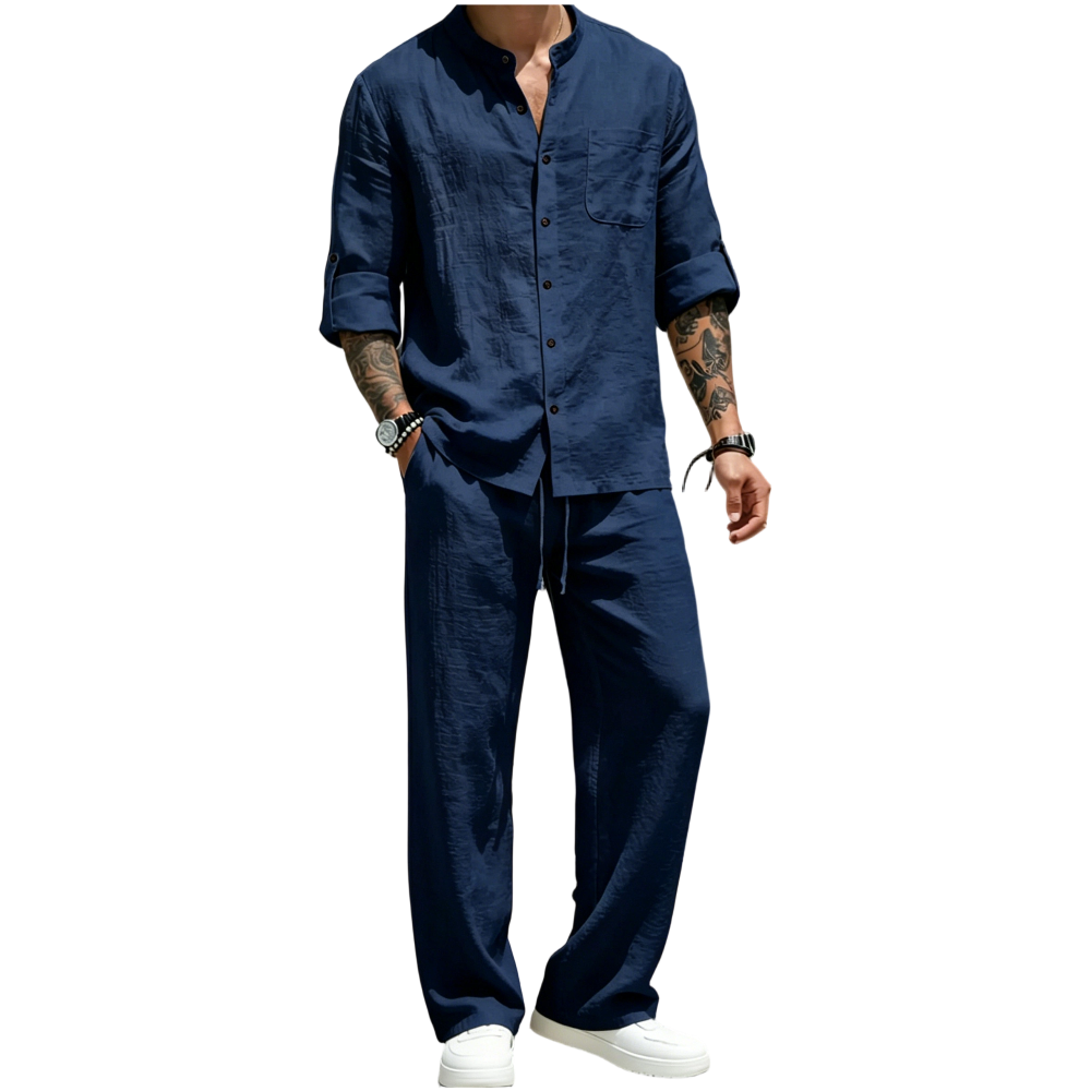 Men's Linen Stand Collar Long Sleeve Button Shirt & Straight Leg Belted Pants Set