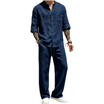 Men's Linen Stand Collar Long Sleeve Button Shirt & Straight Leg Belted Pants Set