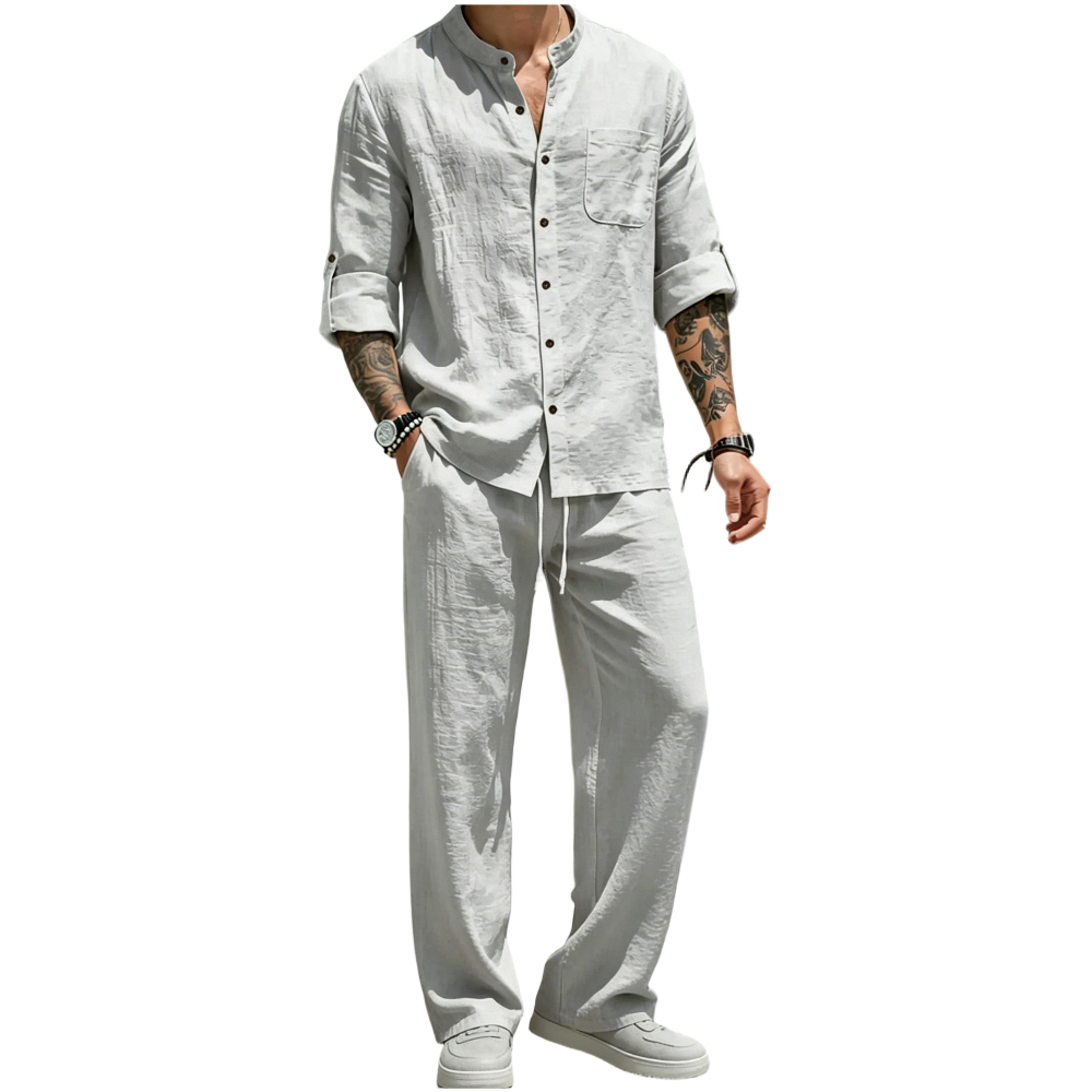 Men's Linen Stand Collar Long Sleeve Button Shirt & Straight Leg Belted Pants Set