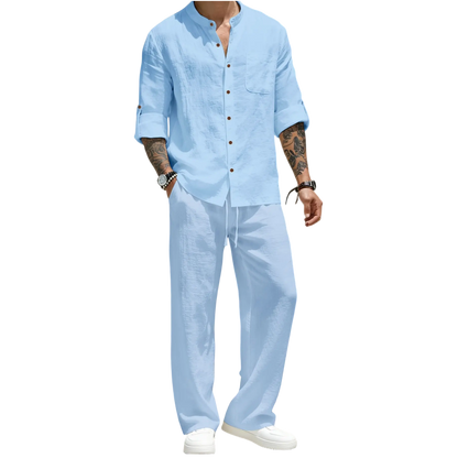 Men's Linen Stand Collar Long Sleeve Button Shirt & Straight Leg Belted Pants Set