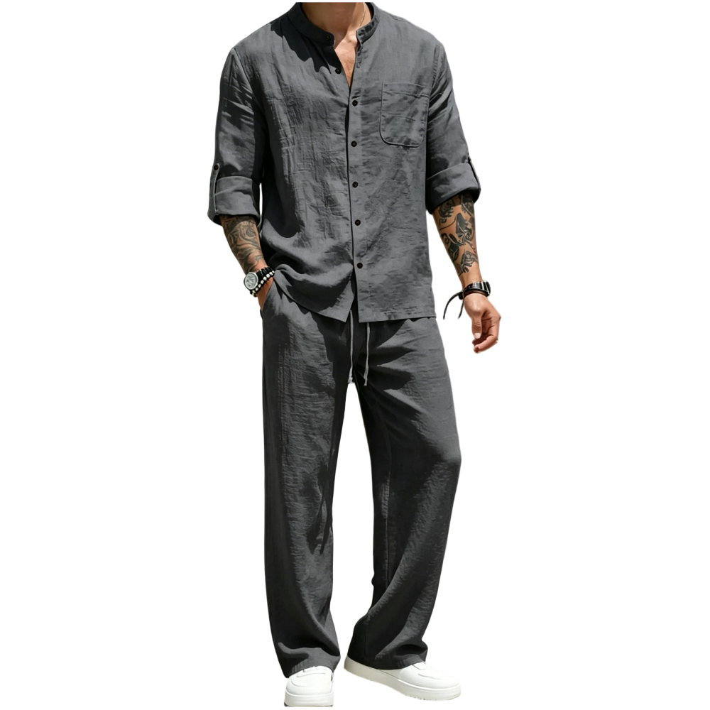 Men's Linen Stand Collar Long Sleeve Button Shirt & Straight Leg Belted Pants Set