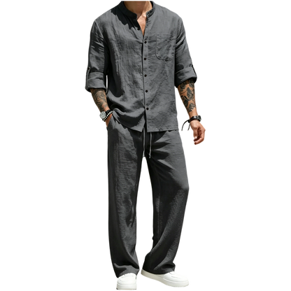 Men's Linen Stand Collar Long Sleeve Button Shirt & Straight Leg Belted Pants Set