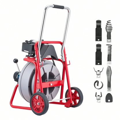 Wheeled Auto-Feed Sewer Auger Drain Cleaner Machine | Equipped with 8 Cutters & Pneumatic Foot Switch
