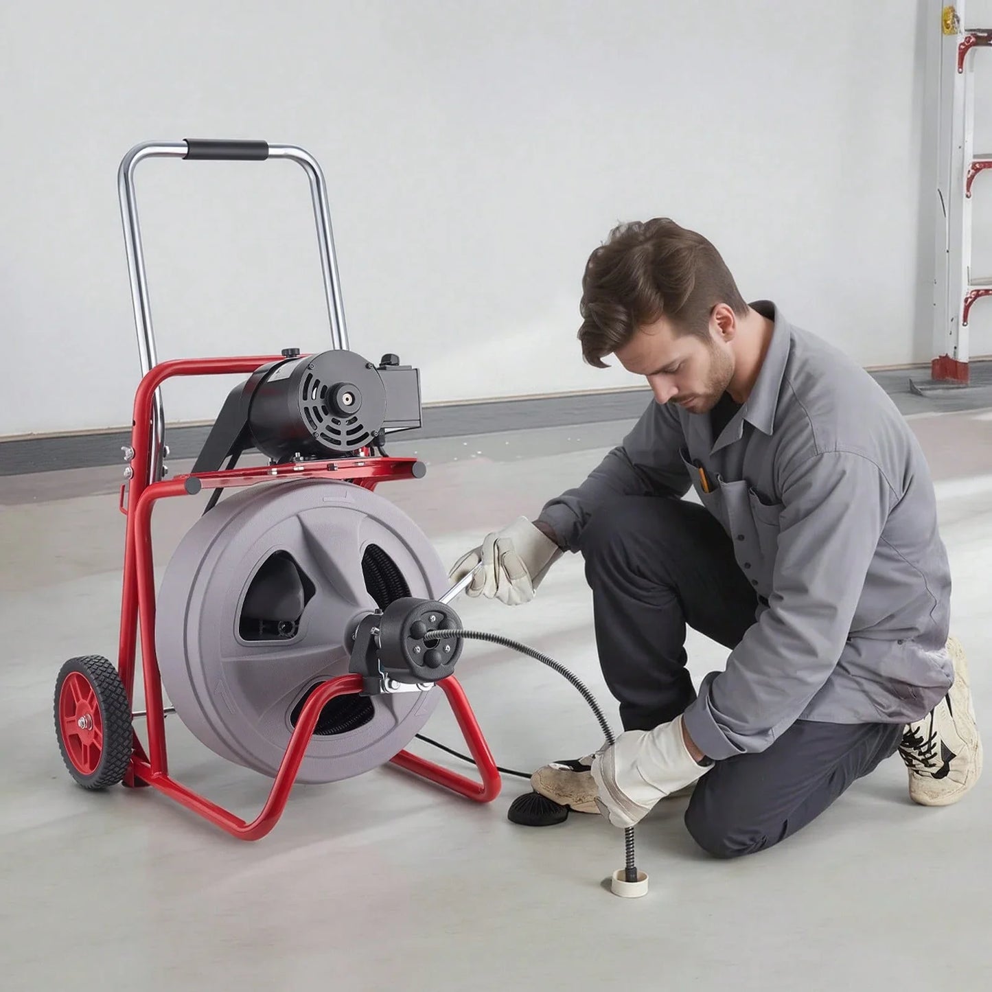 Wheeled Auto-Feed Sewer Auger Drain Cleaner Machine | Equipped with 8 Cutters & Pneumatic Foot Switch