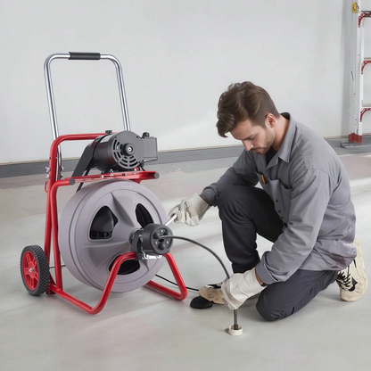 Wheeled Auto-Feed Sewer Auger Drain Cleaner Machine | Equipped with 8 Cutters & Pneumatic Foot Switch