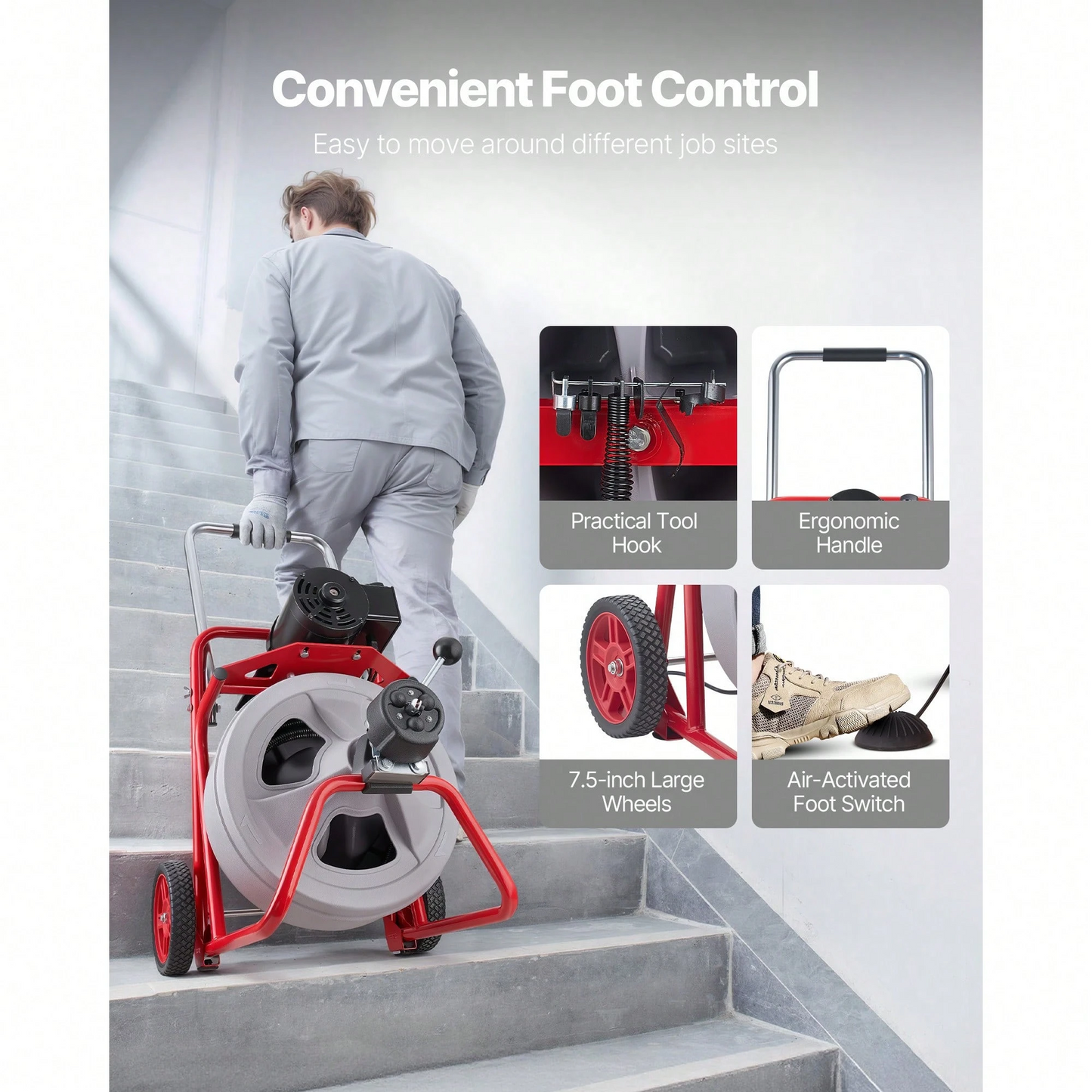 Wheeled Auto-Feed Sewer Auger Drain Cleaner Machine | Equipped with 8 Cutters & Pneumatic Foot Switch