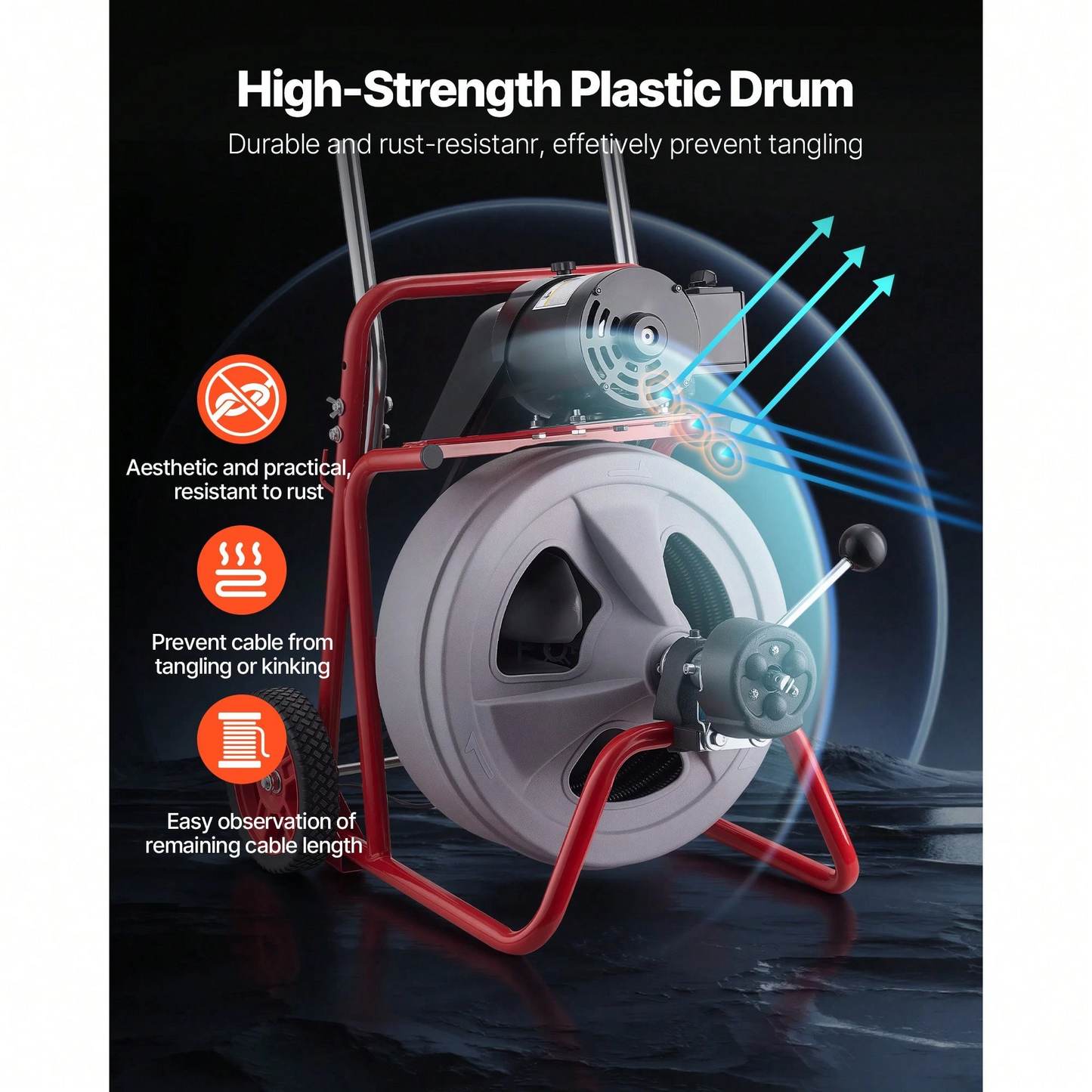 Wheeled Auto-Feed Sewer Auger Drain Cleaner Machine | Equipped with 8 Cutters & Pneumatic Foot Switch