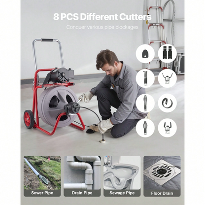 Wheeled Auto-Feed Sewer Auger Drain Cleaner Machine | Equipped with 8 Cutters & Pneumatic Foot Switch