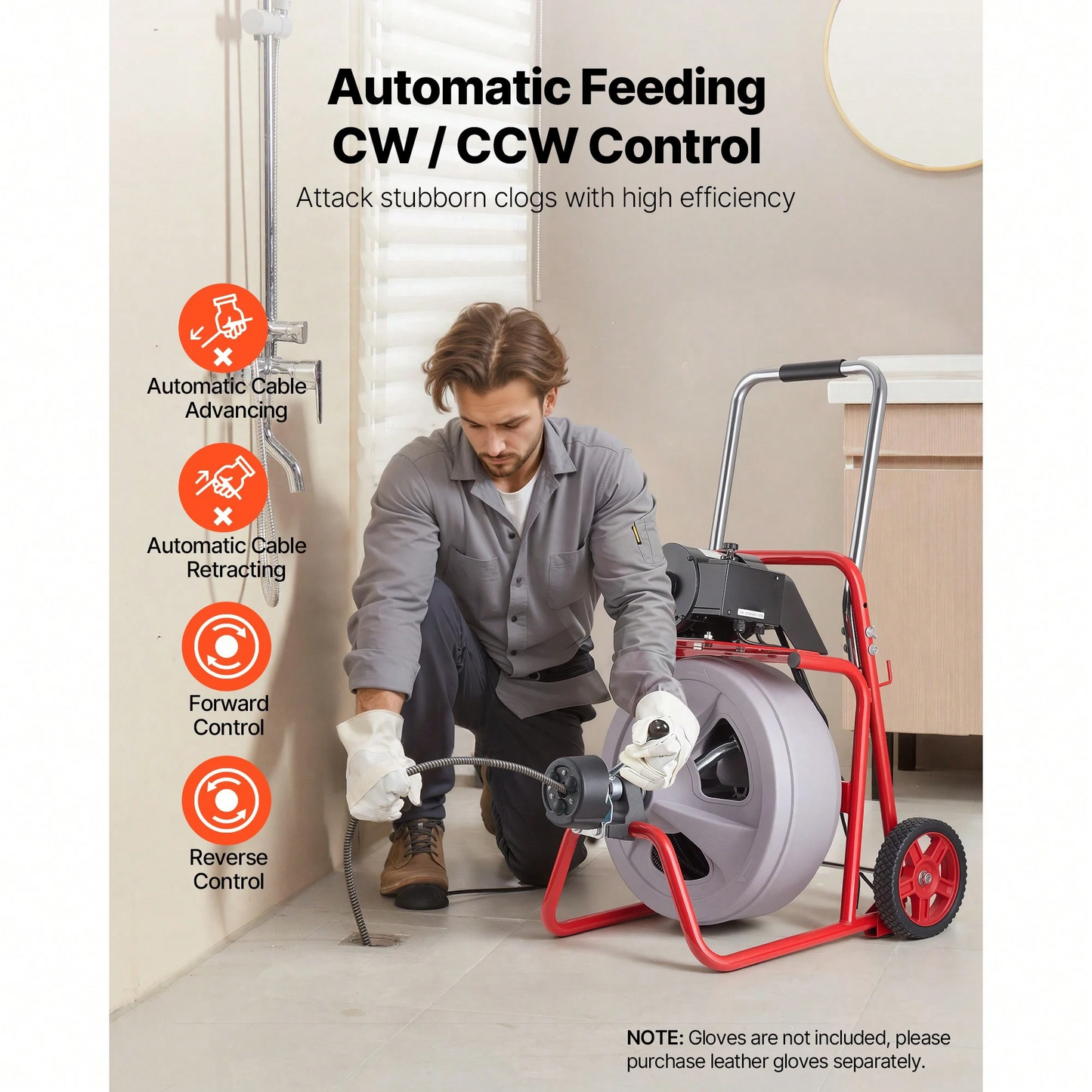 Wheeled Auto-Feed Sewer Auger Drain Cleaner Machine | Equipped with 8 Cutters & Pneumatic Foot Switch