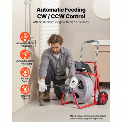 Wheeled Auto-Feed Sewer Auger Drain Cleaner Machine | Equipped with 8 Cutters & Pneumatic Foot Switch