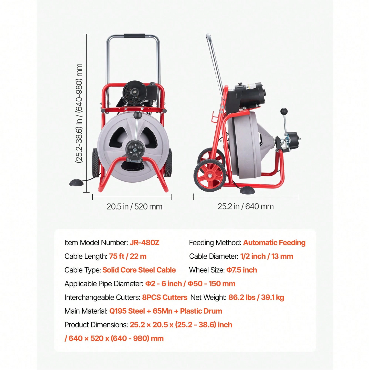 Wheeled Auto-Feed Sewer Auger Drain Cleaner Machine | Equipped with 8 Cutters & Pneumatic Foot Switch