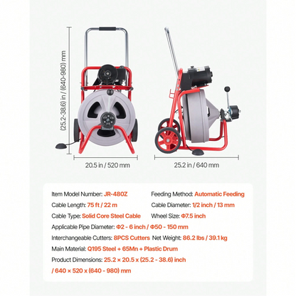Wheeled Auto-Feed Sewer Auger Drain Cleaner Machine | Equipped with 8 Cutters & Pneumatic Foot Switch
