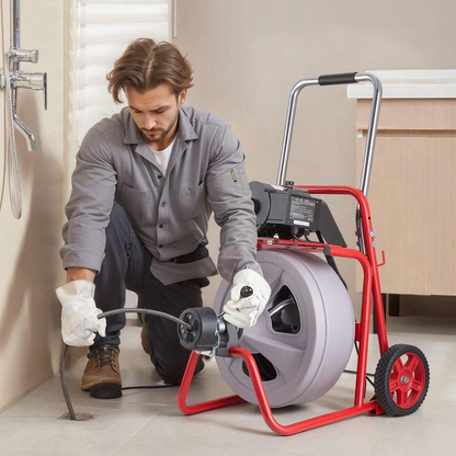 Wheeled Auto-Feed Sewer Auger Drain Cleaner Machine | Equipped with 8 Cutters & Pneumatic Foot Switch