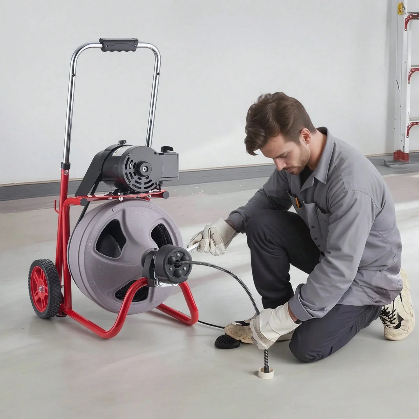 Wheeled Auto-Feed Sewer Auger Drain Cleaner Machine | Equipped with 8 Cutters & Pneumatic Foot Switch