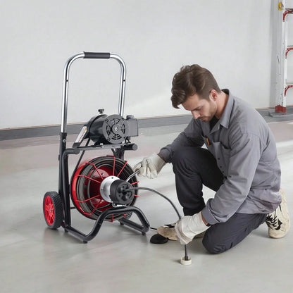 Wheeled Auto-Feed Sewer Auger Drain Cleaner Machine | Equipped with 8 Cutters & Pneumatic Foot Switch