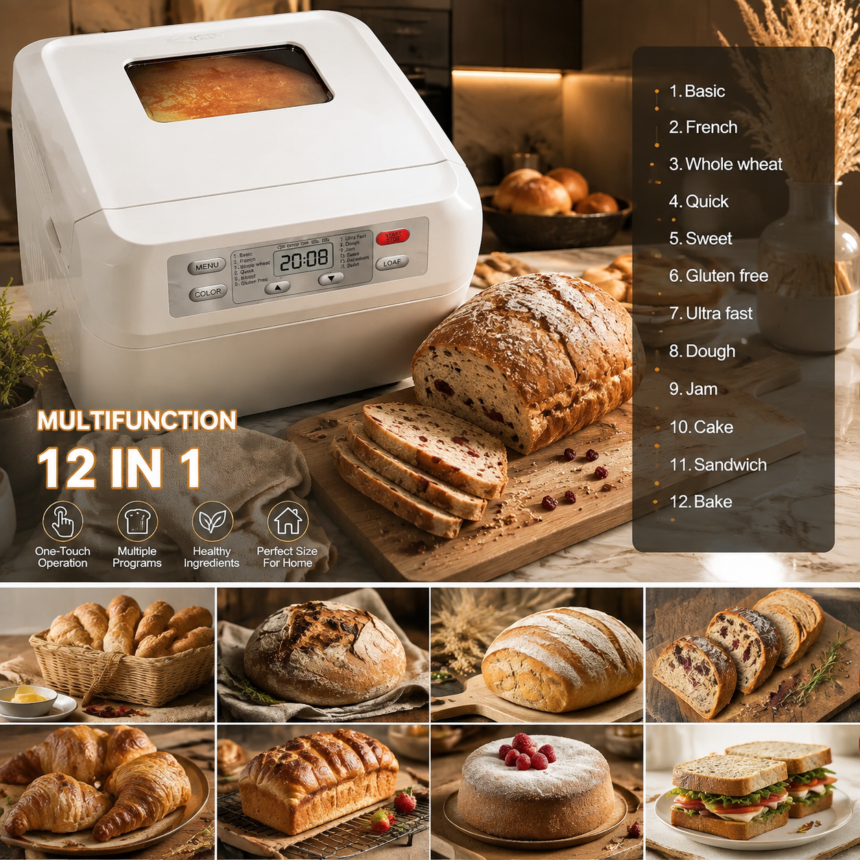 Automatic Bread Maker 2LB - 12-in-1 with Nut Dispenser