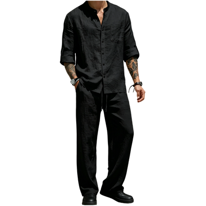 Men's Linen Stand Collar Long Sleeve Button Shirt & Straight Leg Belted Pants Set