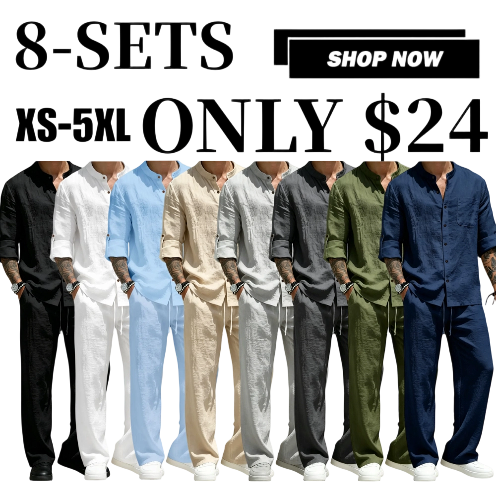 Men's Linen Stand Collar Long Sleeve Button Shirt & Straight Leg Belted Pants Set