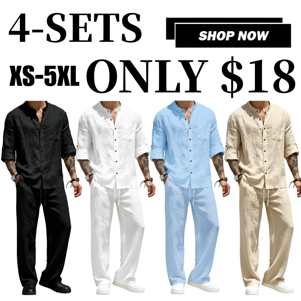 Men's Linen Stand Collar Long Sleeve Button Shirt & Straight Leg Belted Pants Set