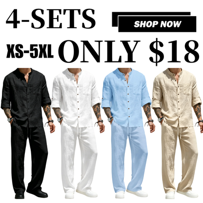 Men's Linen Stand Collar Long Sleeve Button Shirt & Straight Leg Belted Pants Set