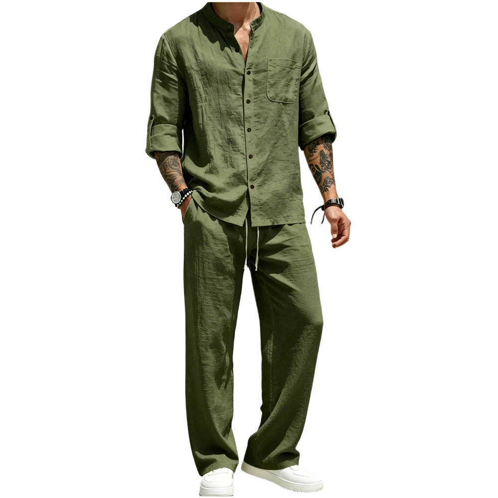 Men's Linen Stand Collar Long Sleeve Button Shirt & Straight Leg Belted Pants Set