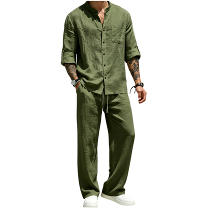 Men's Linen Stand Collar Long Sleeve Button Shirt & Straight Leg Belted Pants Set