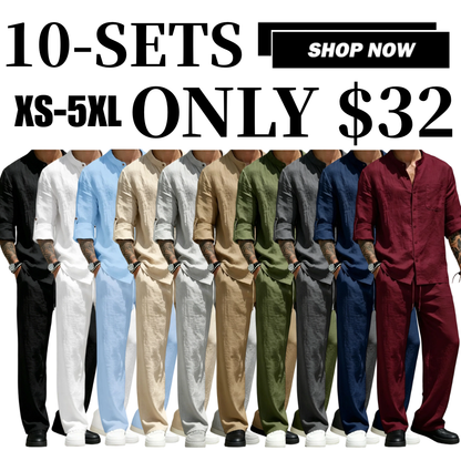 Men's Linen Stand Collar Long Sleeve Button Shirt & Straight Leg Belted Pants Set