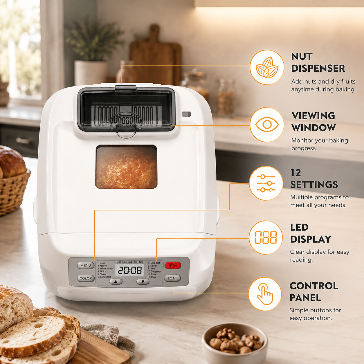Automatic Bread Maker 2LB - 12-in-1 with Nut Dispenser