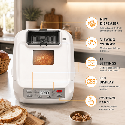 Automatic Bread Maker 2LB - 12-in-1 with Nut Dispenser