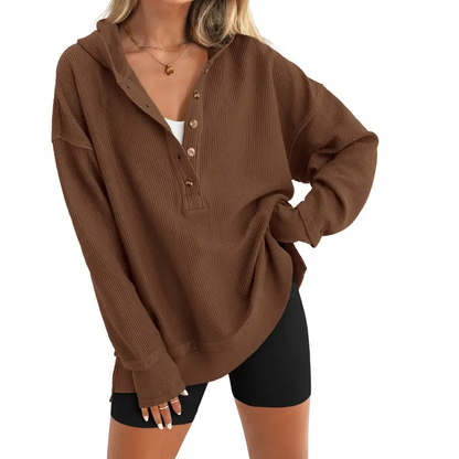 Women's Oversized Button V Neck Hoodie Long Sleeve Sweatshirt