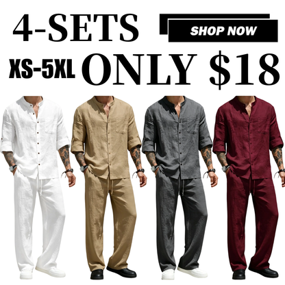 Men's Linen Stand Collar Long Sleeve Button Shirt & Straight Leg Belted Pants Set