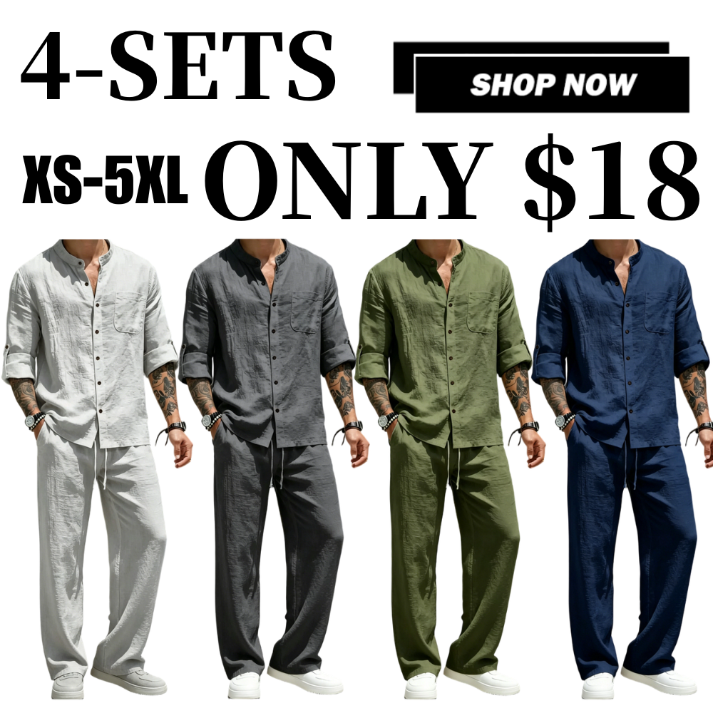 Men's Linen Stand Collar Long Sleeve Button Shirt & Straight Leg Belted Pants Set
