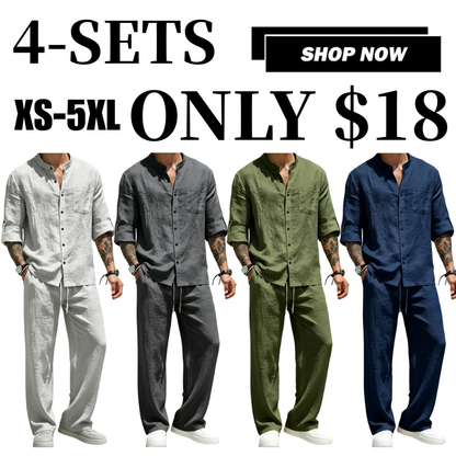 Men's Linen Stand Collar Long Sleeve Button Shirt & Straight Leg Belted Pants Set