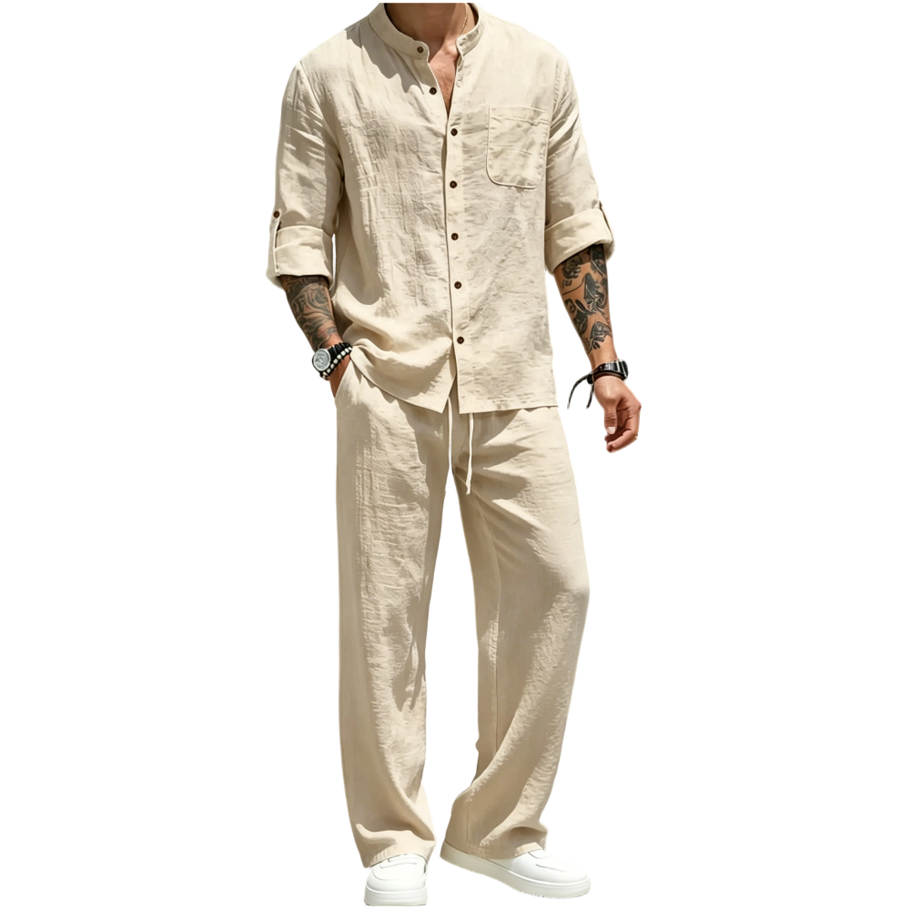 Men's Linen Stand Collar Long Sleeve Button Shirt & Straight Leg Belted Pants Set