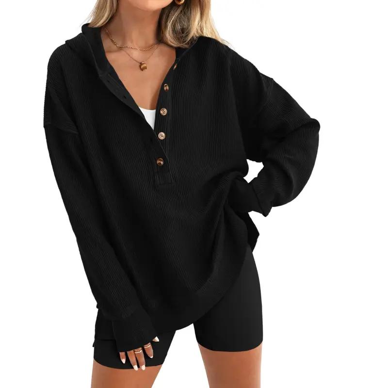 Women's Oversized Button V Neck Hoodie Long Sleeve Sweatshirt